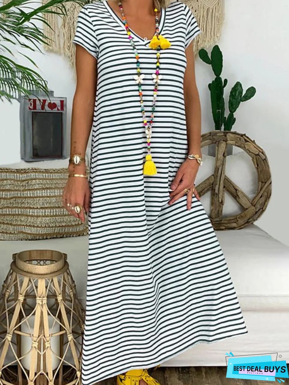 Women's A-Line Dress Maxi Long Dress Short Sleeve Striped Summer Hot Casual Chinoiserie Black