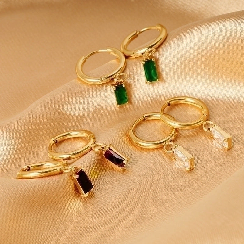 1 Pair Retro Geometric Inlay 316L Stainless Steel  Zircon Dangling Earrings