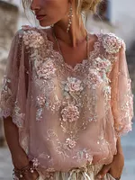 Boho Pink Roses Glitter Embroidered Lace Trim Flowy Linen Tunic