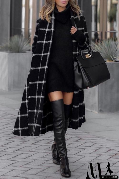 MidiSono - Pockets Plaid Long Hoodie Coat