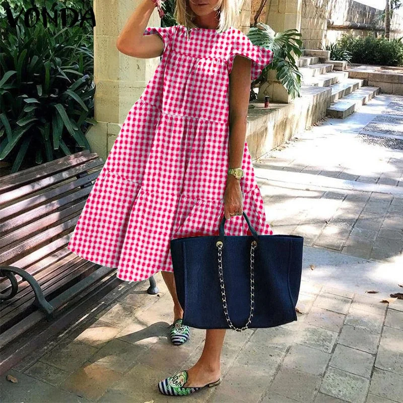 VONDA Summer Cotton Dress Women Casual Short Sleeve Ruffled Cuff Dresses Loose Patchwork Bohemian Vestidos  Knee-Length Dress