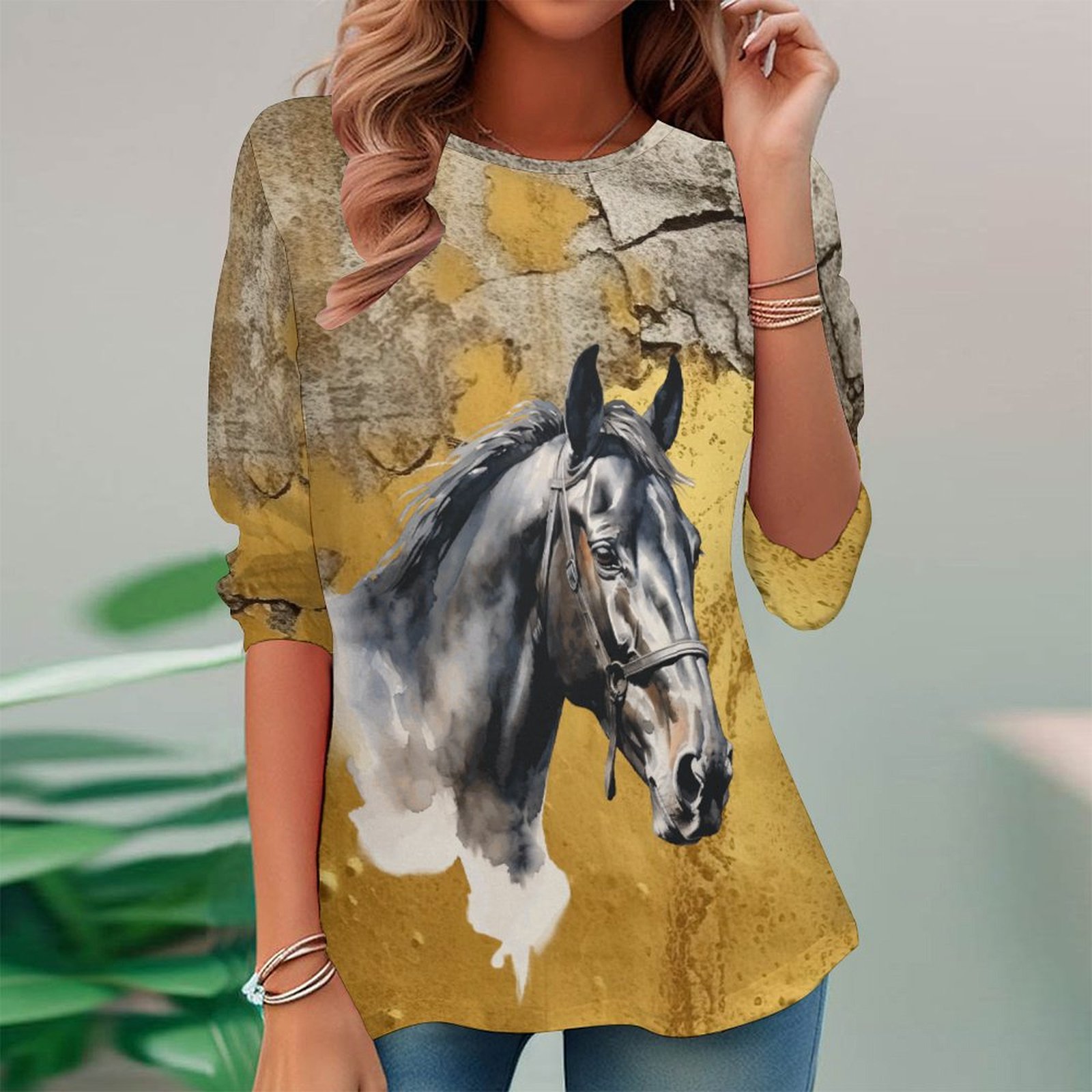 Women Long Sleeve V-neck Graphic Floral Printed Top