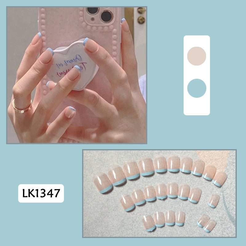 24pcs Short Nails For Women Simple Gradient Bow Pearl Ins Style Fake Nails Acrylic Square Full Tips False Press on Nail