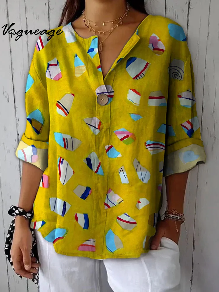 Contrast Art Print Cotton And Linen Women Shirt