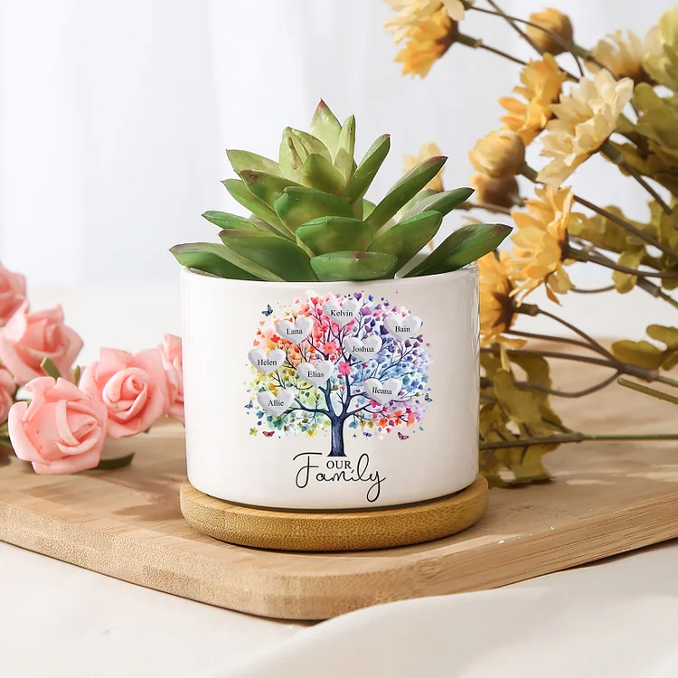 Personalized Ceramic Flowerpot with Wooden Base Custom 8 Names & 1 Text Colorful Family Tree Flowerpot Gift for Mother/Grandma