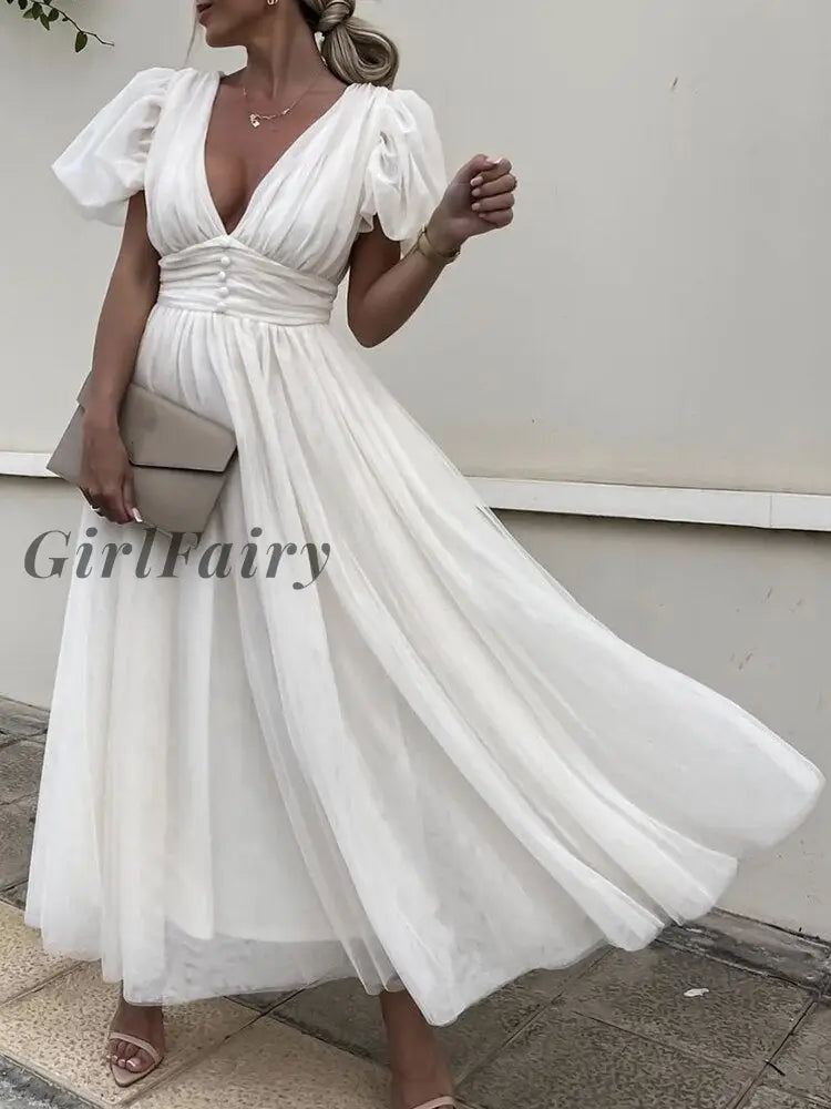 Girlfairy Fashion Ladies V Neck Solid Color A-Line Dress Women Short Sleeve Lace Mesh Long 2022