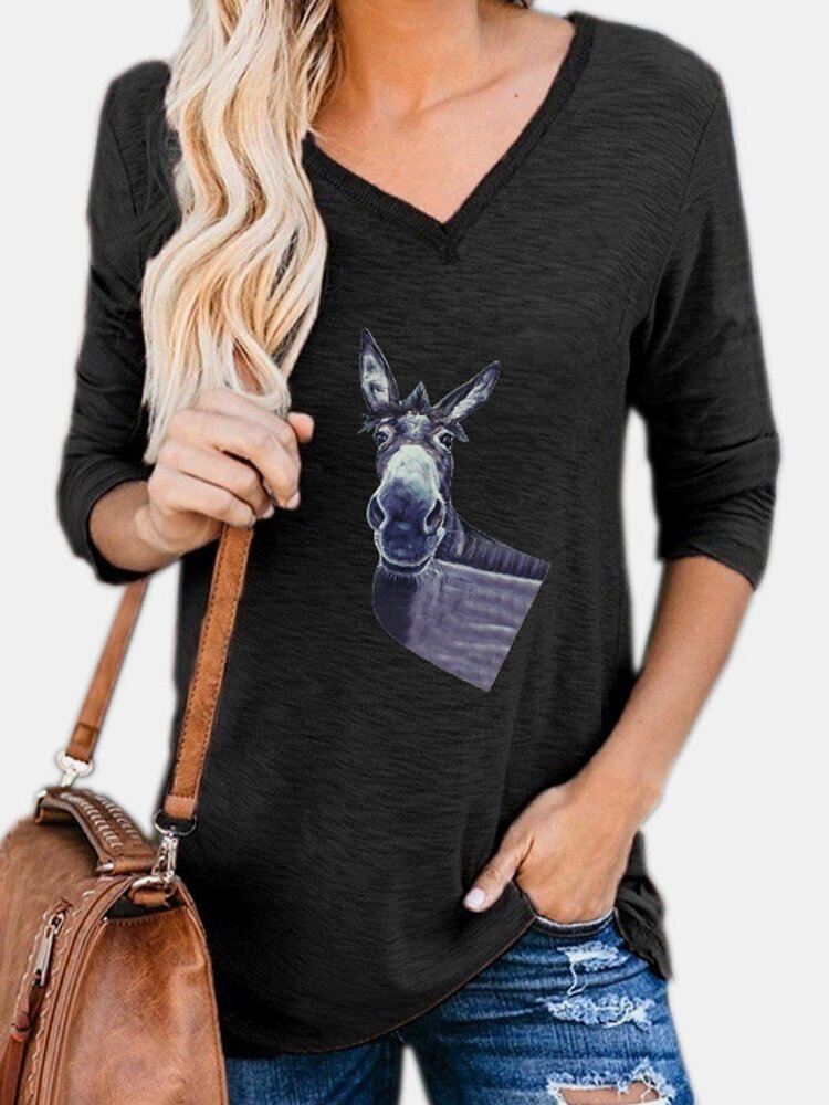 Cartoon Horse Print V neck Long Sleeve Casual Women T Shirt P1768701
