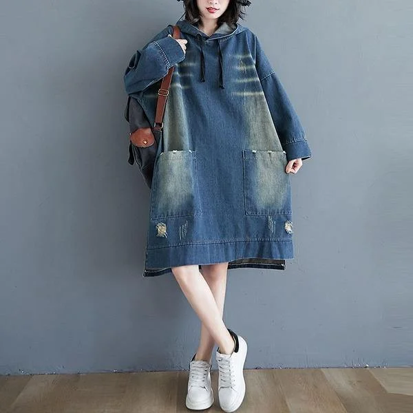 Winter Korean Vintage Style Loose Female Knee-length Jean Dresses