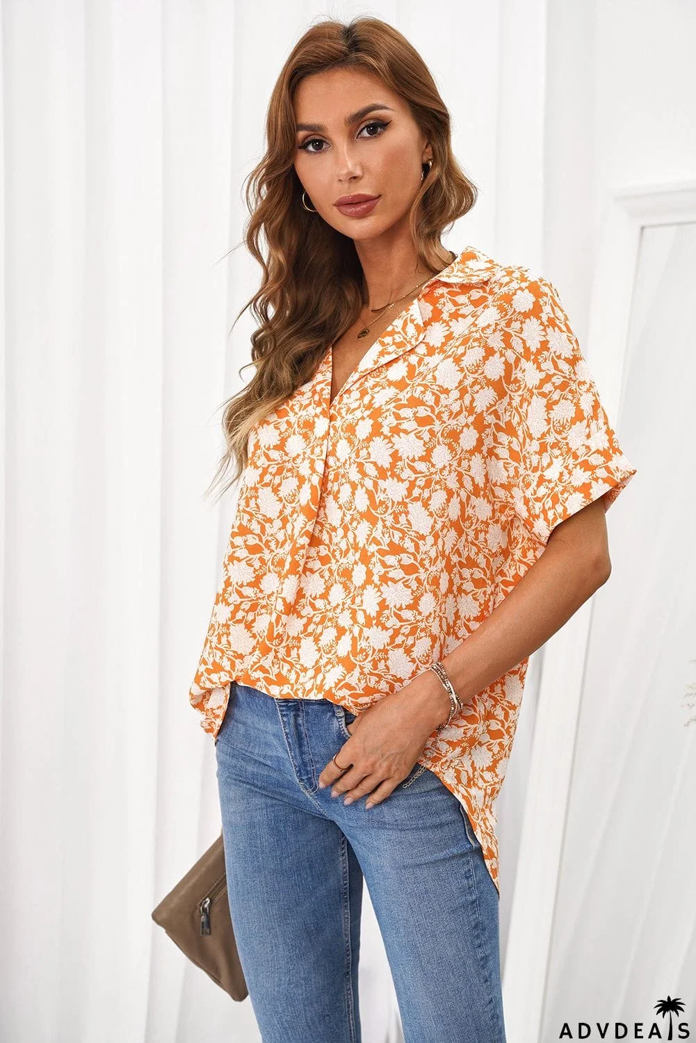 Dotted Print V Neck Drape Front Blouse
