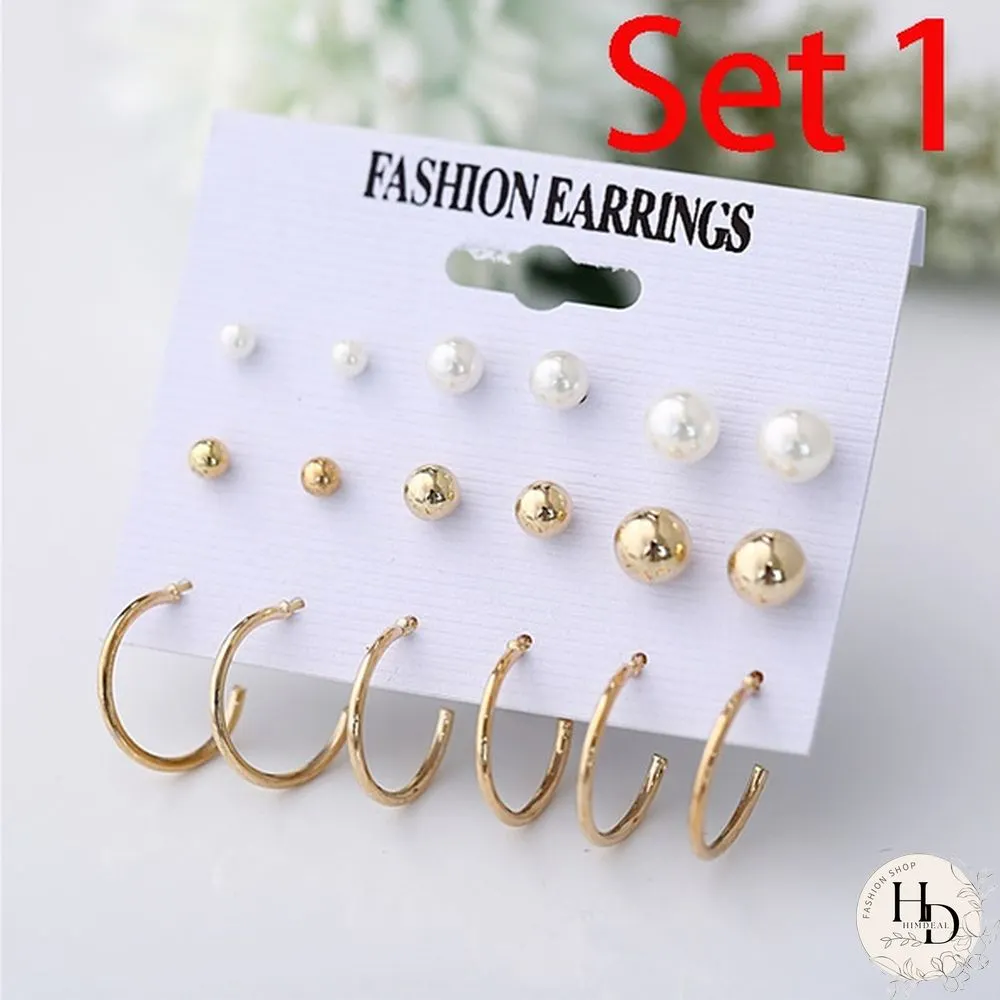 Pairs Flower Womens Earrings Set Pearl Crystal Stud Boho Geometric Tassel For Women