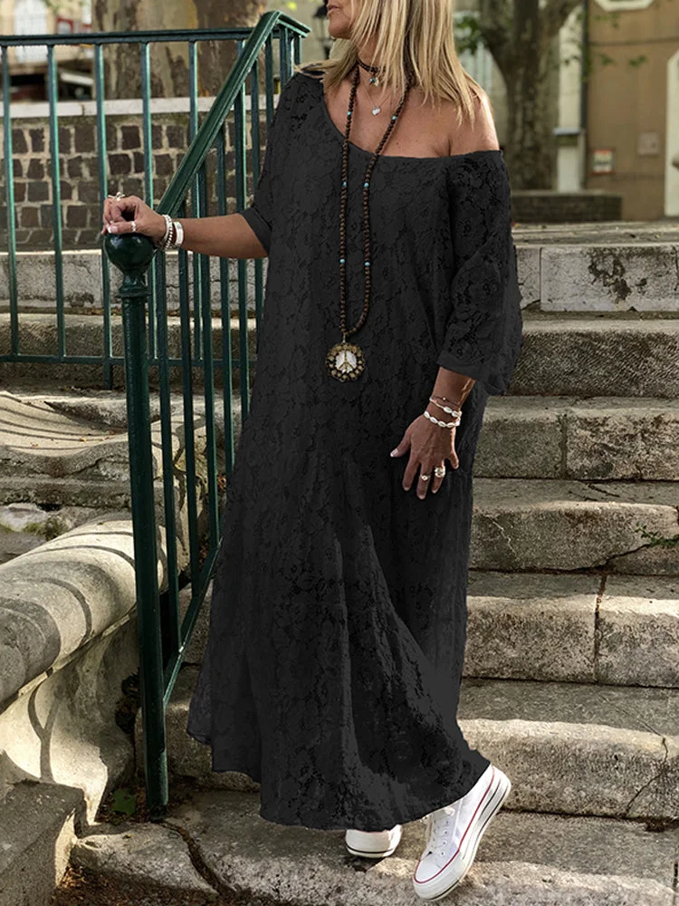 Women Half Sleeve Round Neck Lace Mesh Holiday Long Dress