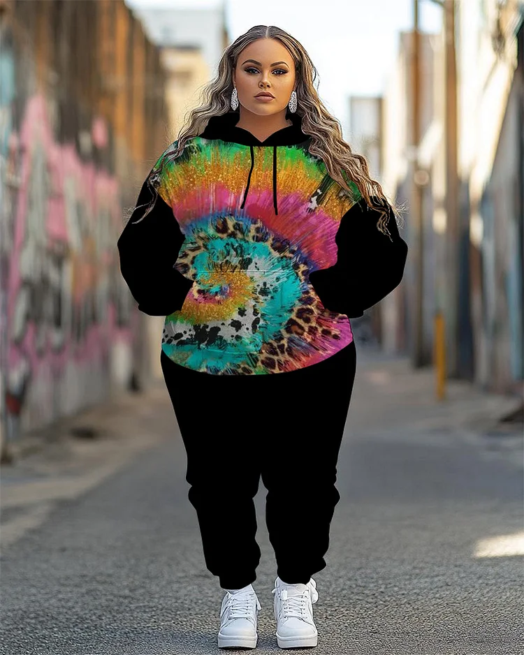 Women's Plus Size Colorful Leopard Tie-Dye Long-Sleeved Top and Solid Color Casual Pants Set