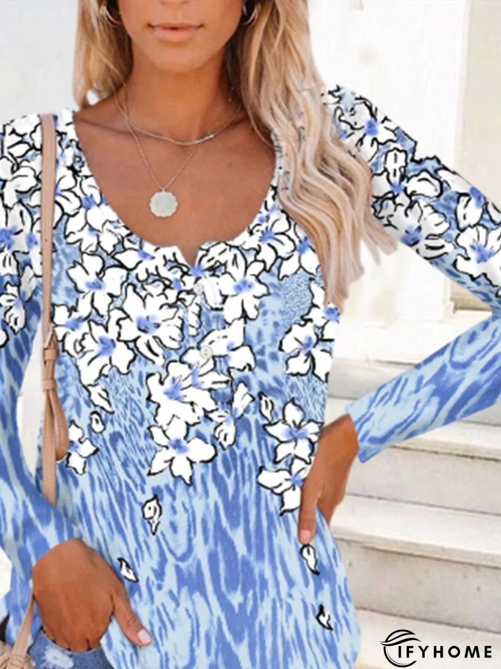 Blue Floral Printed Buttoned Shift Long Sleeve Casual Tunic Top | IFYHOME