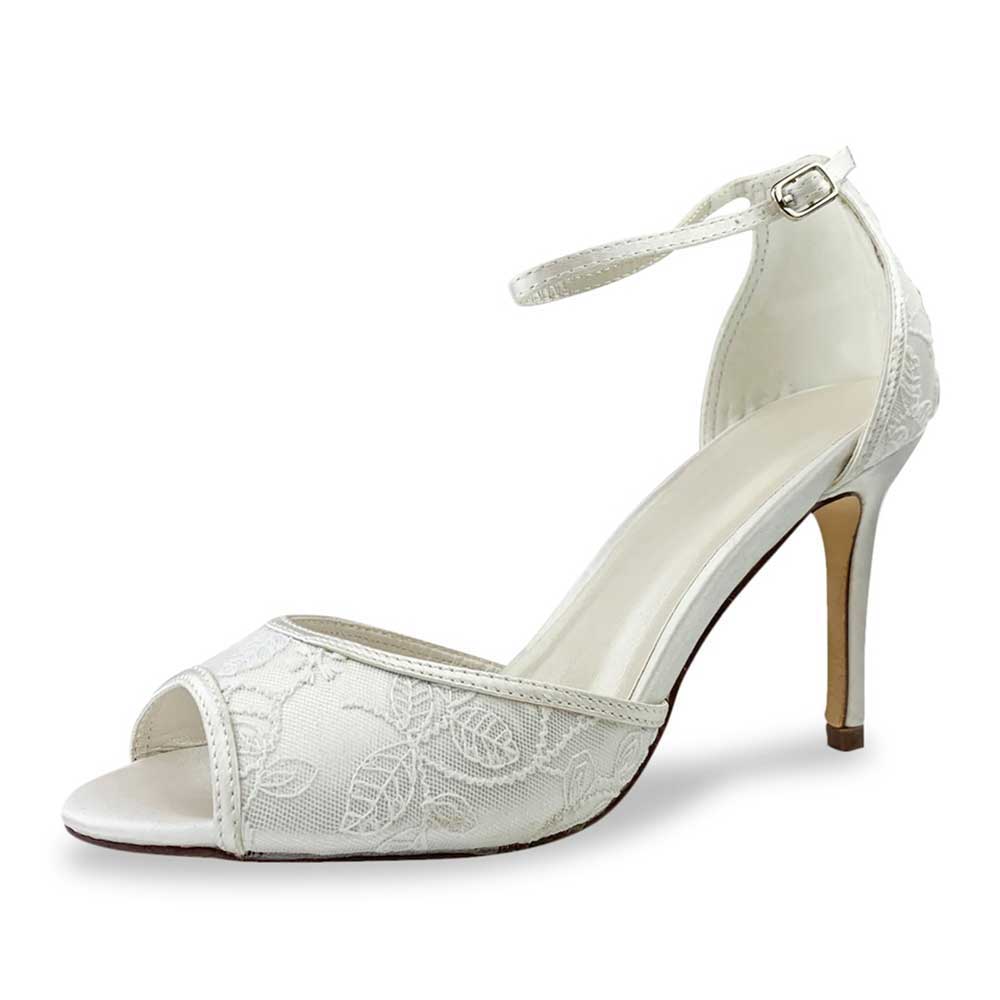 Silver Satin Peep Toe Lace Inlay Ankle Strap Pumps with Stiletto Heel Nicepairs