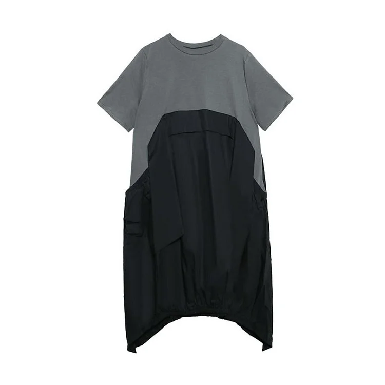 Irregular Pleated Hit Color Loose Covering Belly Pullover Short Sleeve Dress Summer  
