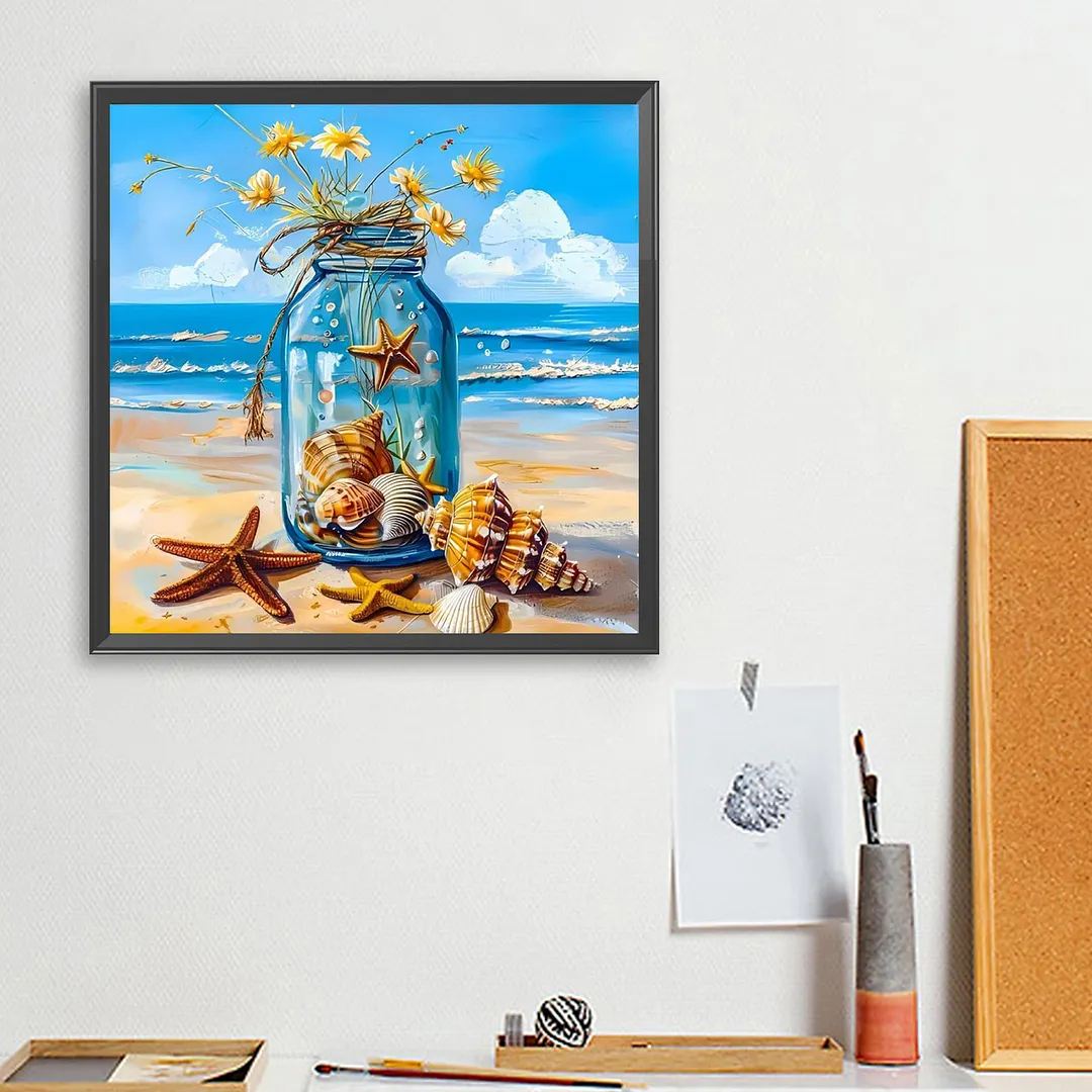 Beach Jar Full DIY 5D Square Drill Gem Art Diamond Painting Kits for Adults/Beginners Gift Idea Home Decor Diamond Dots Paintings Picture Arts Craft Crystal Art Paint by Diamond13.78x13.78in