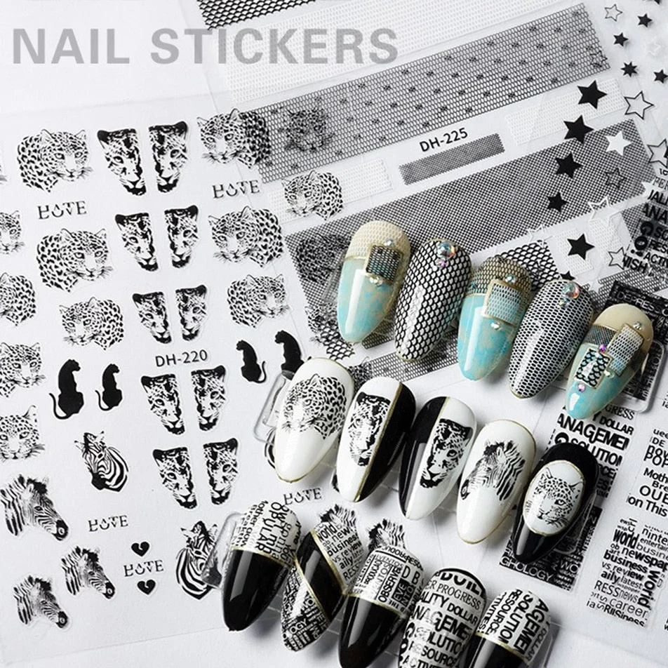 1PC Hollow 3D Nail Stickers Black White Wild Leopard Snake Star Letter Design Adhesive Decals Nail Art Decoration Tip Slider New-Nail Inspo