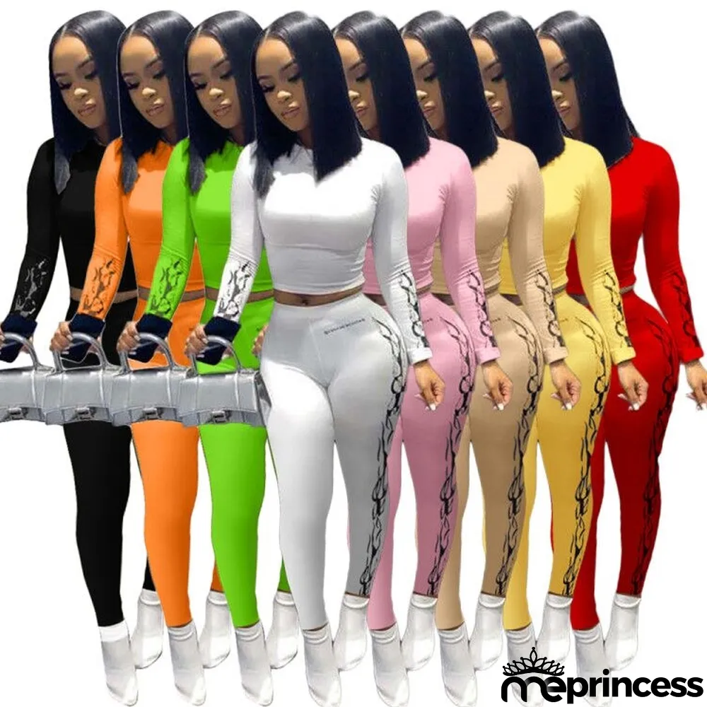 Spring Sexy Black Print Round Collar Long Sleeve Crop Top And Pant Wholesale Womens 2 Piece Sets