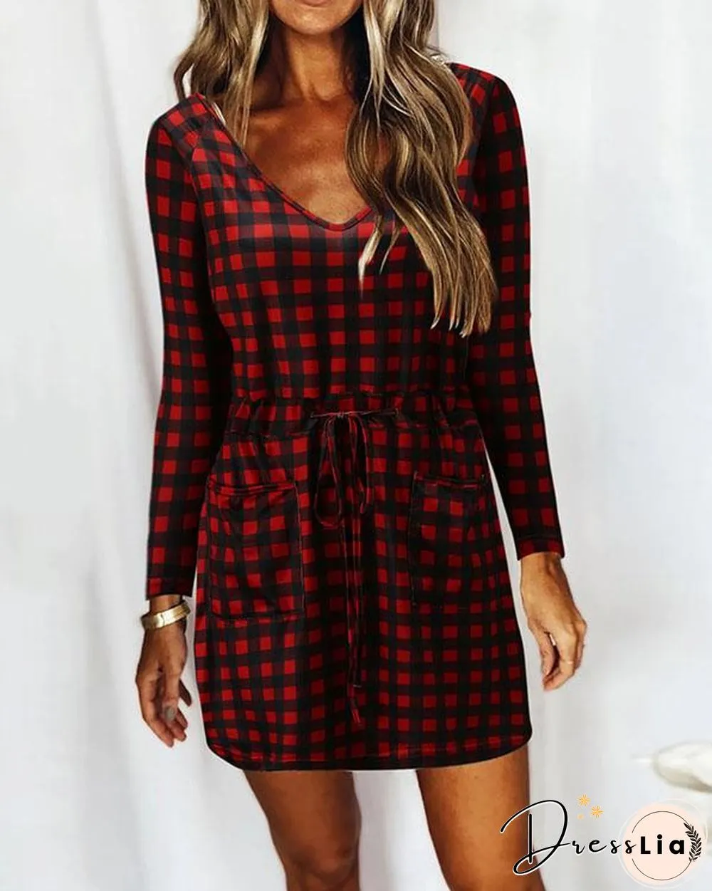 Casual V Neck Long Sleeve Print Mini Dress with Drawstring & Pockets