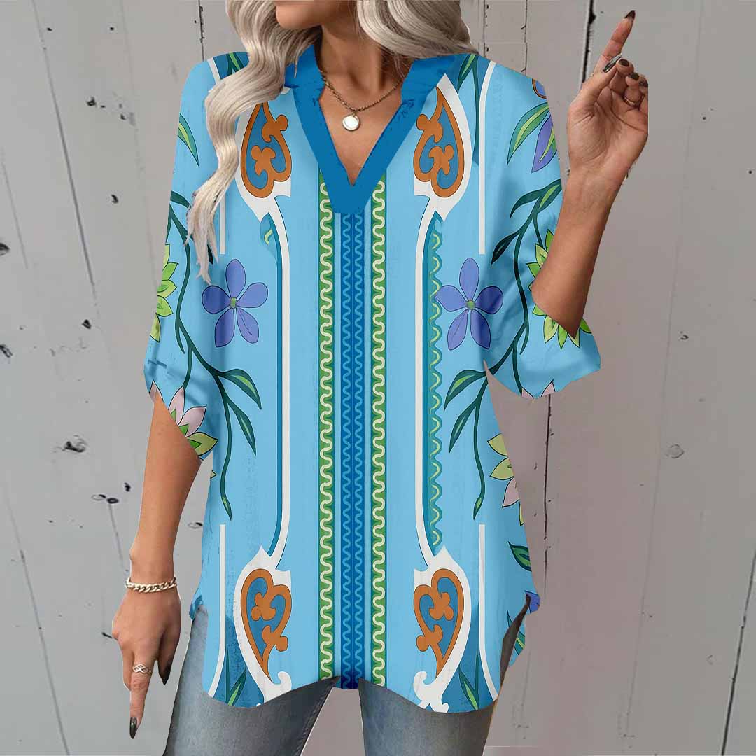 Women Artistic,Blue DZGA0270 3/4 Sleeve V-neck Printed Graphic Button Tops