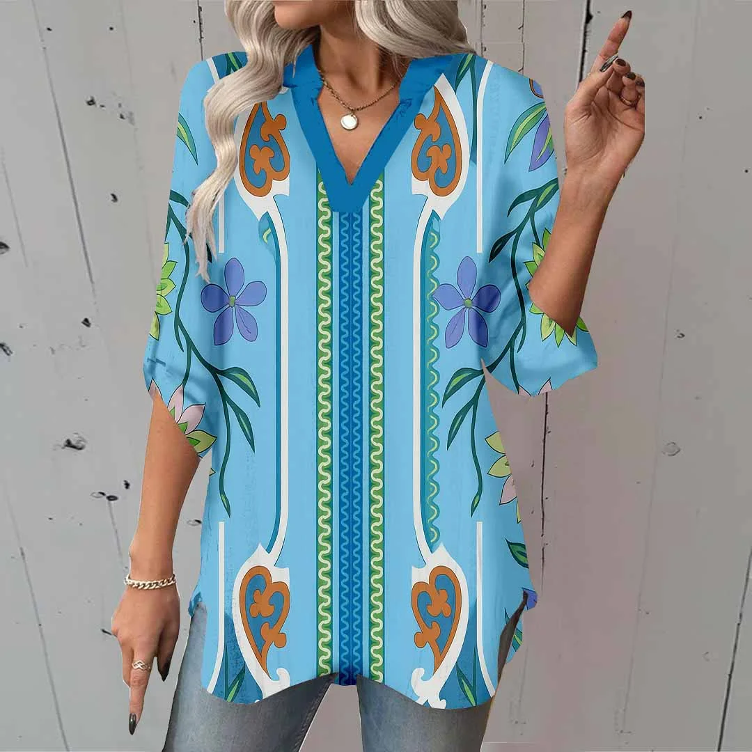 Women Artistic,Blue DZGA0270 3/4 Sleeve V-neck Printed Graphic Button Tops