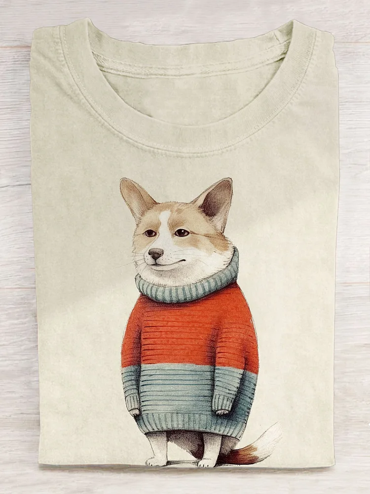 Funny Dog Corgi In Winter Sweater Art Print T-shirt