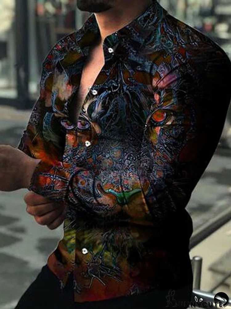 Men Long Sleeve V-neck Graphic Printed Buttons Shirts