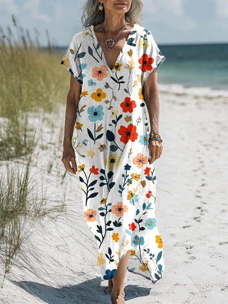 Women's Flowers Art Print Pocket Cotton Dress