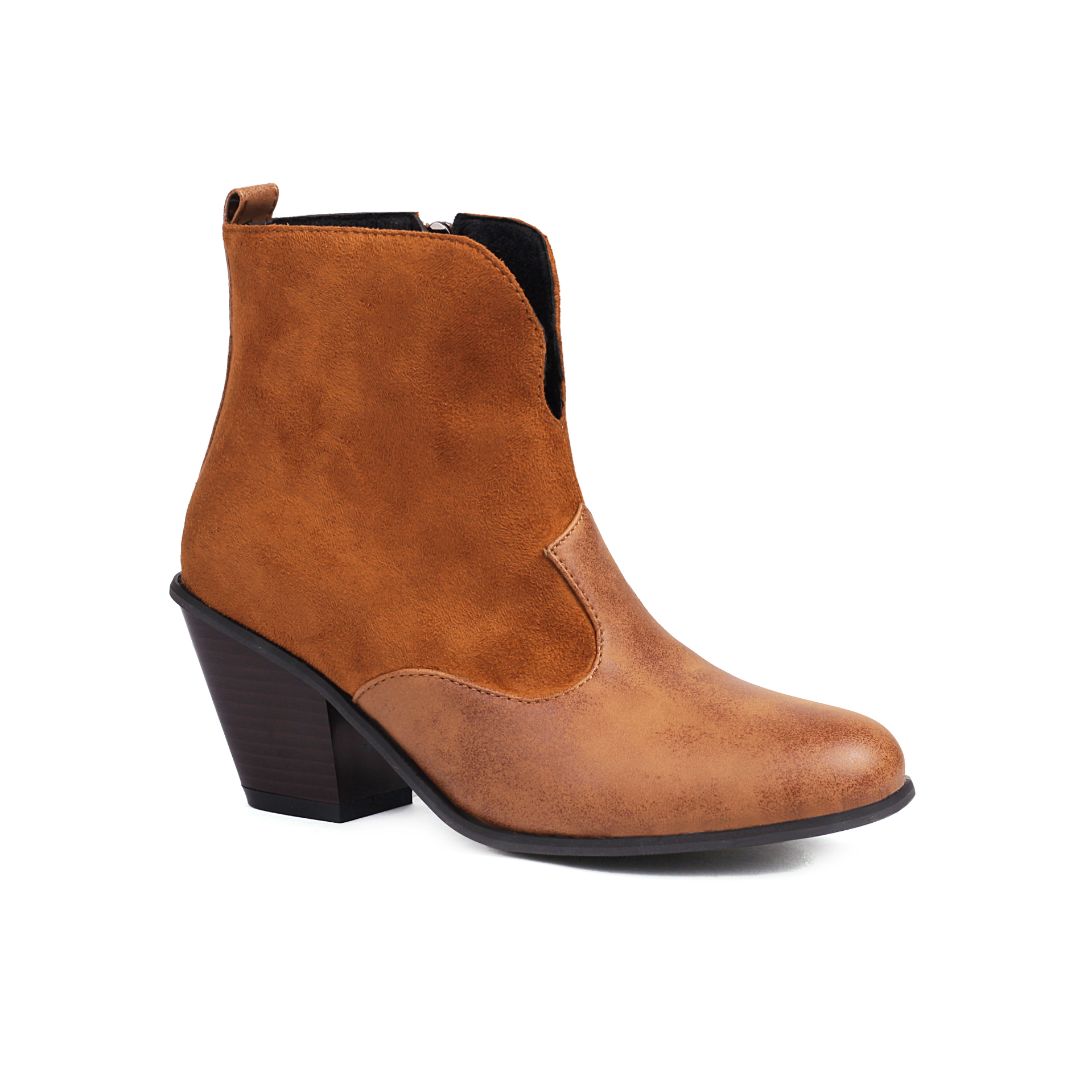 GOOSHOE Frosted Flock Panel Pu Conical Thick Heel Short Boot Side Zipper Inner Lining Boot