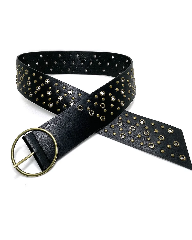 Vintage Denim Decorative Round Hollow Metal Wide Belt