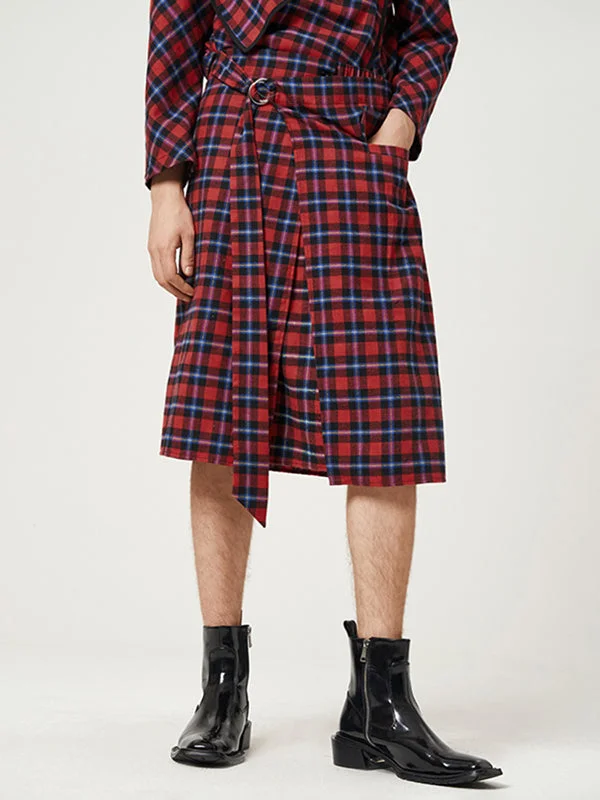 Aonga - Mens Plaid Pattern Irregular Pocket Skirt J
