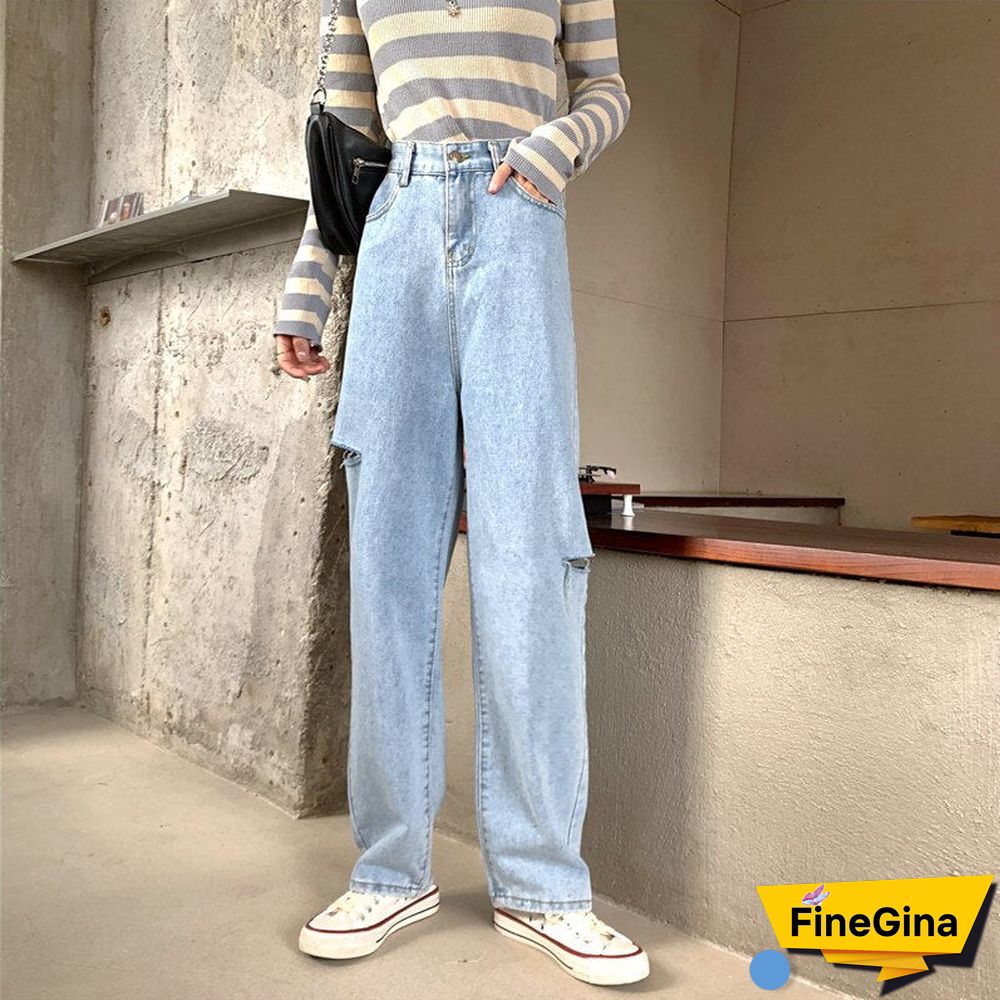 Woman Jeans Ripped High Waist Clothes Wide Leg Denim Clothing Streetwear Vintage Quality Fashion Harajuku Straight Pants