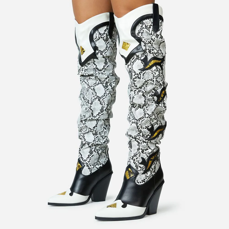 Black & White Snakeskin Knee Boots Block Heel Pointed Toe Shoes Vdcoo