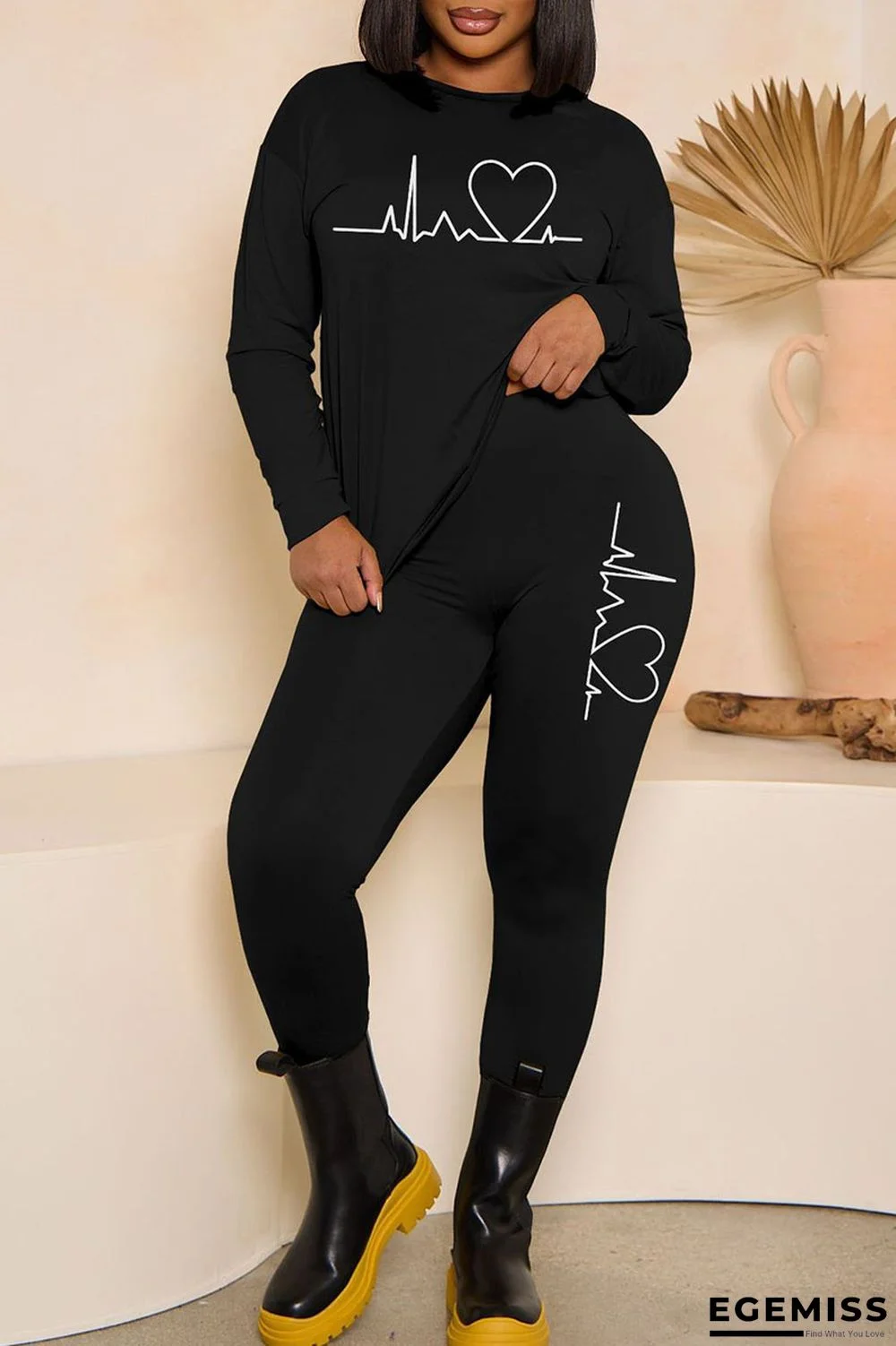 Black Casual Print Patchwork O Neck Long Sleeve Two Pieces | EGEMISS