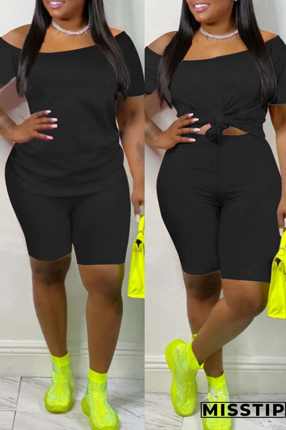 Yellow Fashion Casual Solid Basic Plus Size Two Pieces