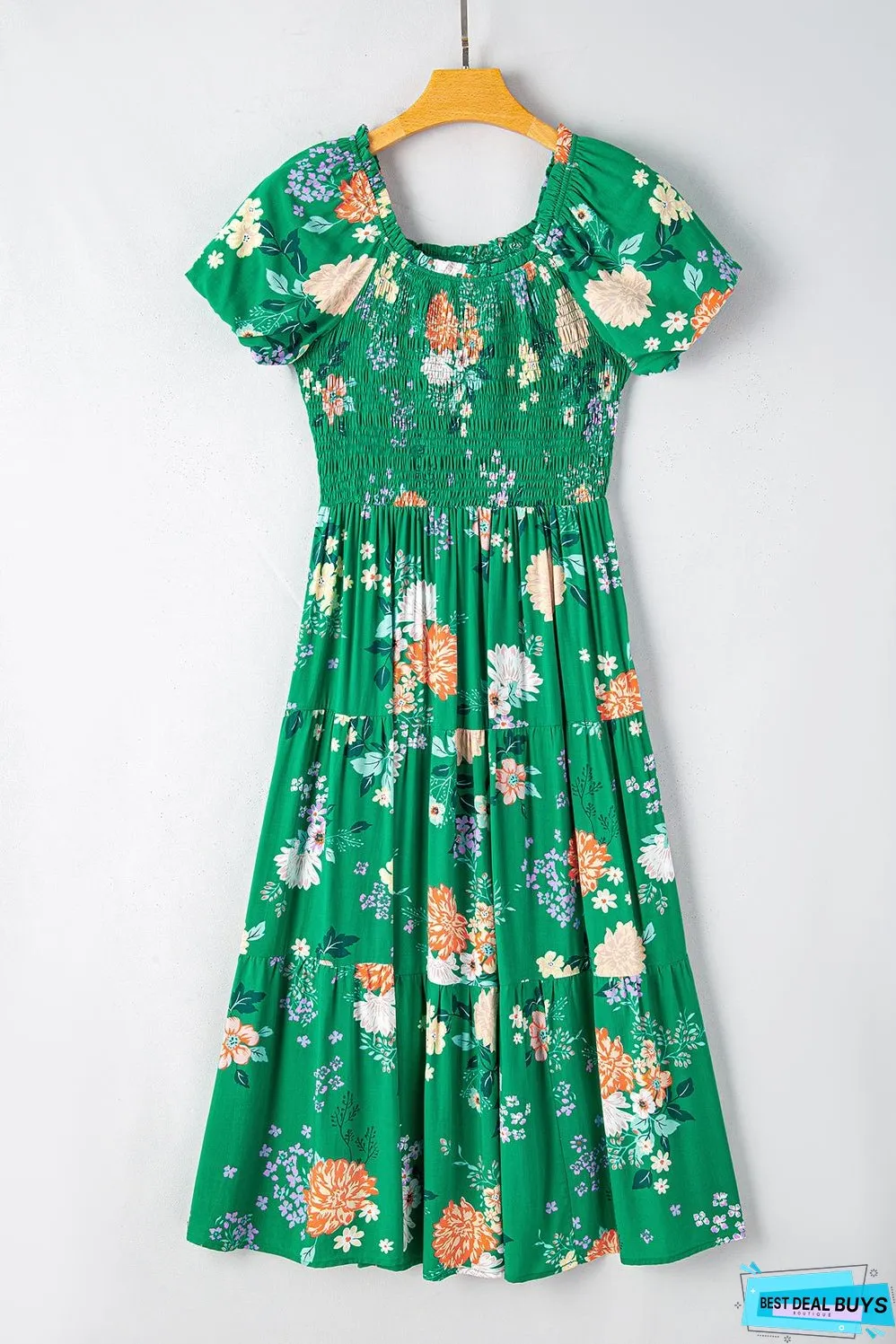 Floral Print Smocked Tiered Midi Dresses