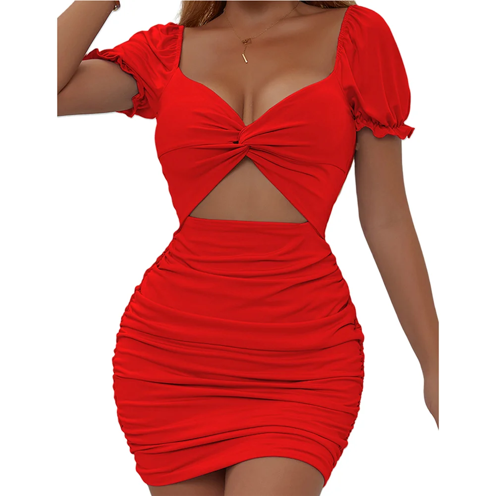 Red Cotton Blend Cut-out Smocked Bodycon Dress