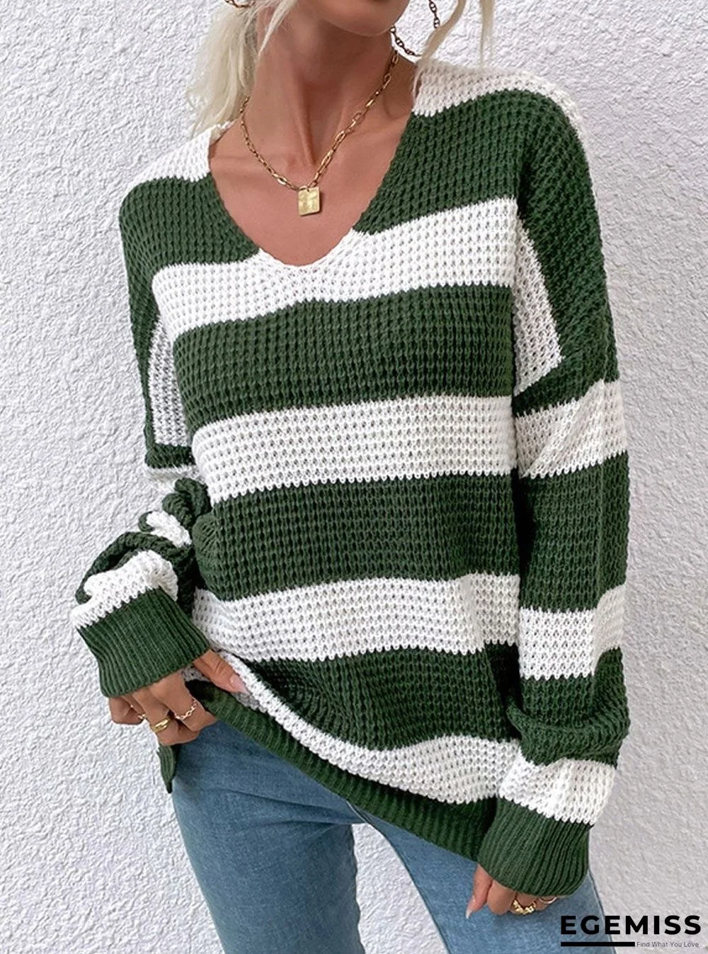 Casual Stripe Waffle V-neck Sweater Women | EGEMISS