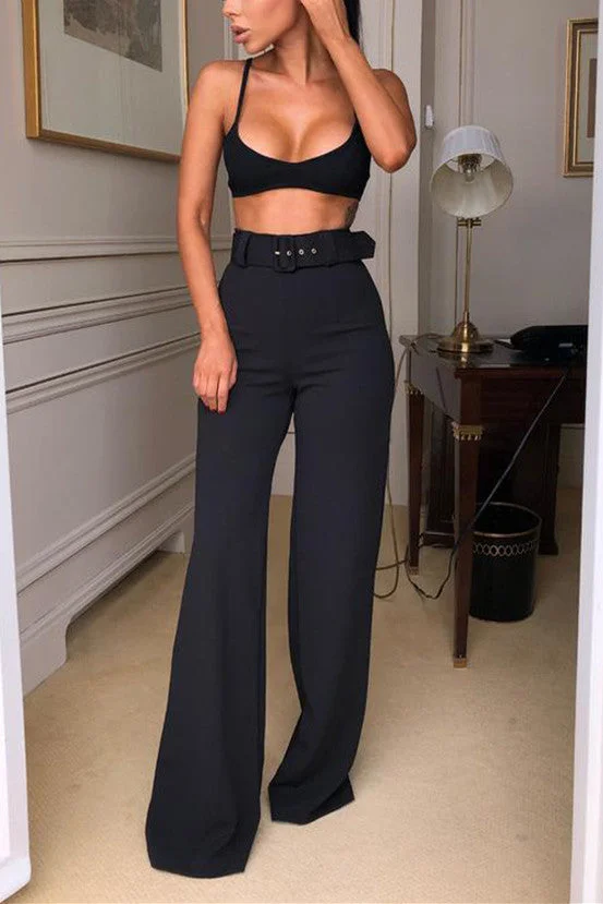 Casual Simple High-Waist  Wide-Leg Pants (With Belt)