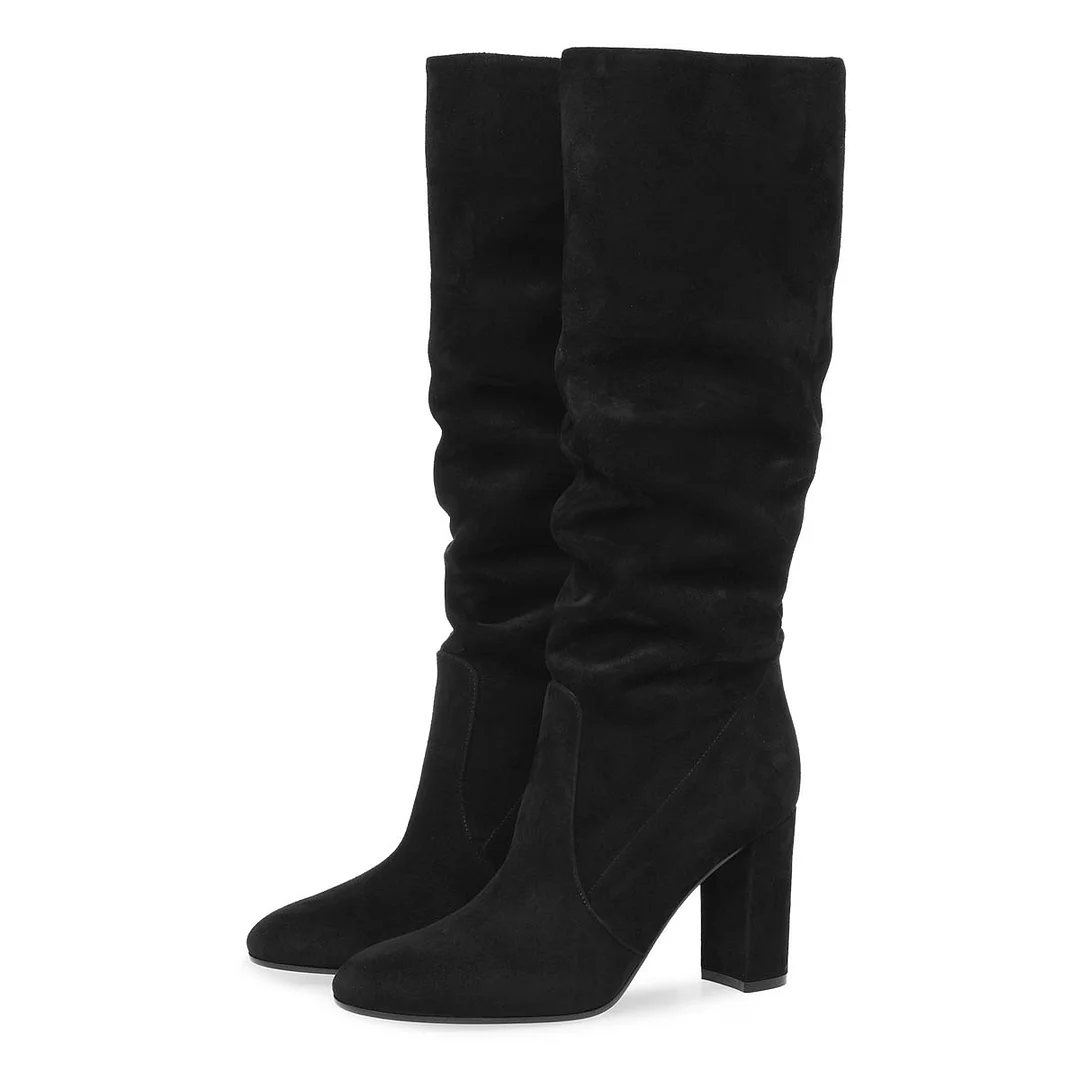 Black Vegan Suede Chunky Heel Round Toe Slouch Knee High Boots