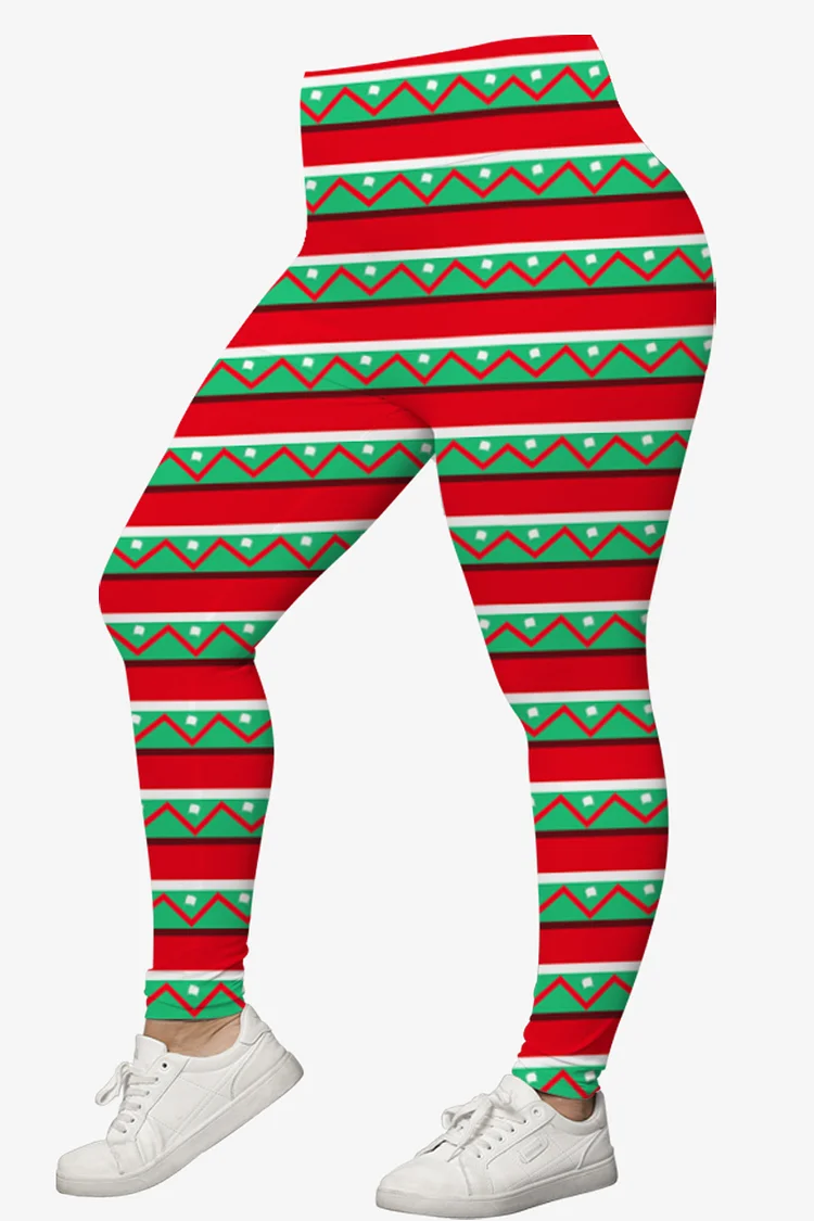 Flycurvy Plus Size Christmas Red Colorblock Elk Snowflake Striped Print Two Piece Pant Set