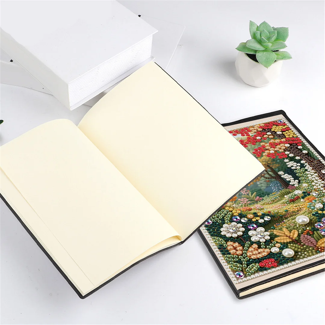Autumn Forest Partial Pearl DIY 50 Pages A5 Diamond Painting Notebook Special Shaped Diamond Art Diary Book Kits Wireless Strip 5D Crystal Art Paintings Sketchbook for Art Drawing