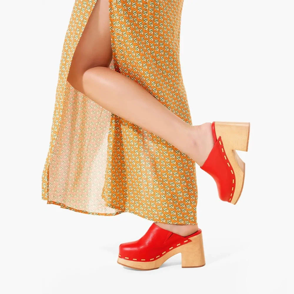 Fashion Red Square Toe Chunky High Heel Platform Mules for Women