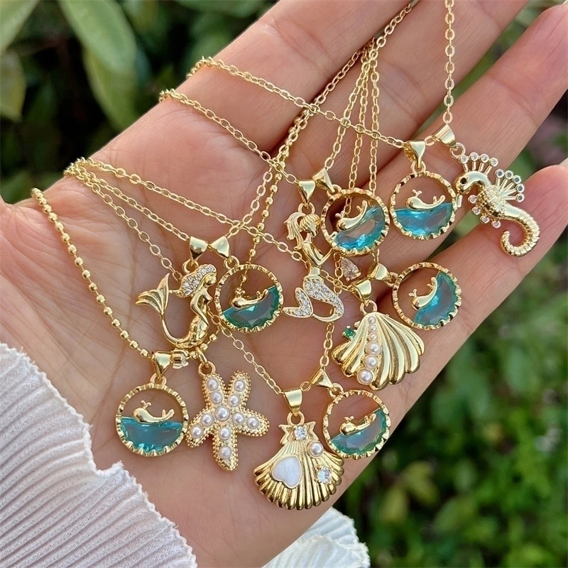 Retro Classic Style Hippocampus Mermaid Shell Copper Pearl Zircon 18K Gold Plated Inlay Pendant Necklace