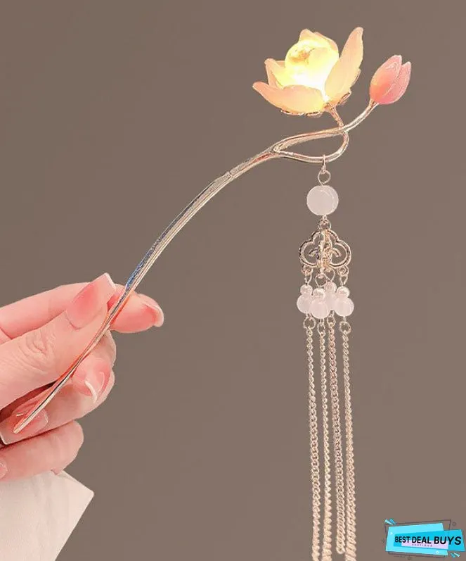 Retro Red Alloy Coloured Glaze Lotus Flower Palace Lantern Hairpin