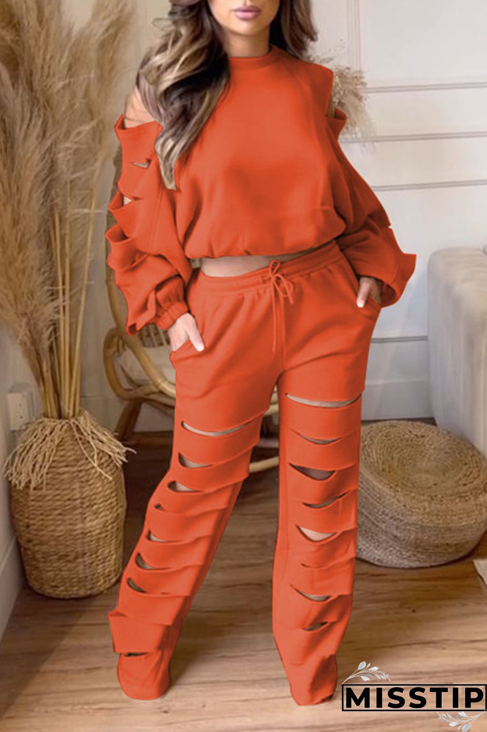 Black Casual Street Solid Hollowed Out Patchwork O Neck Long Sleeve Two Pieces