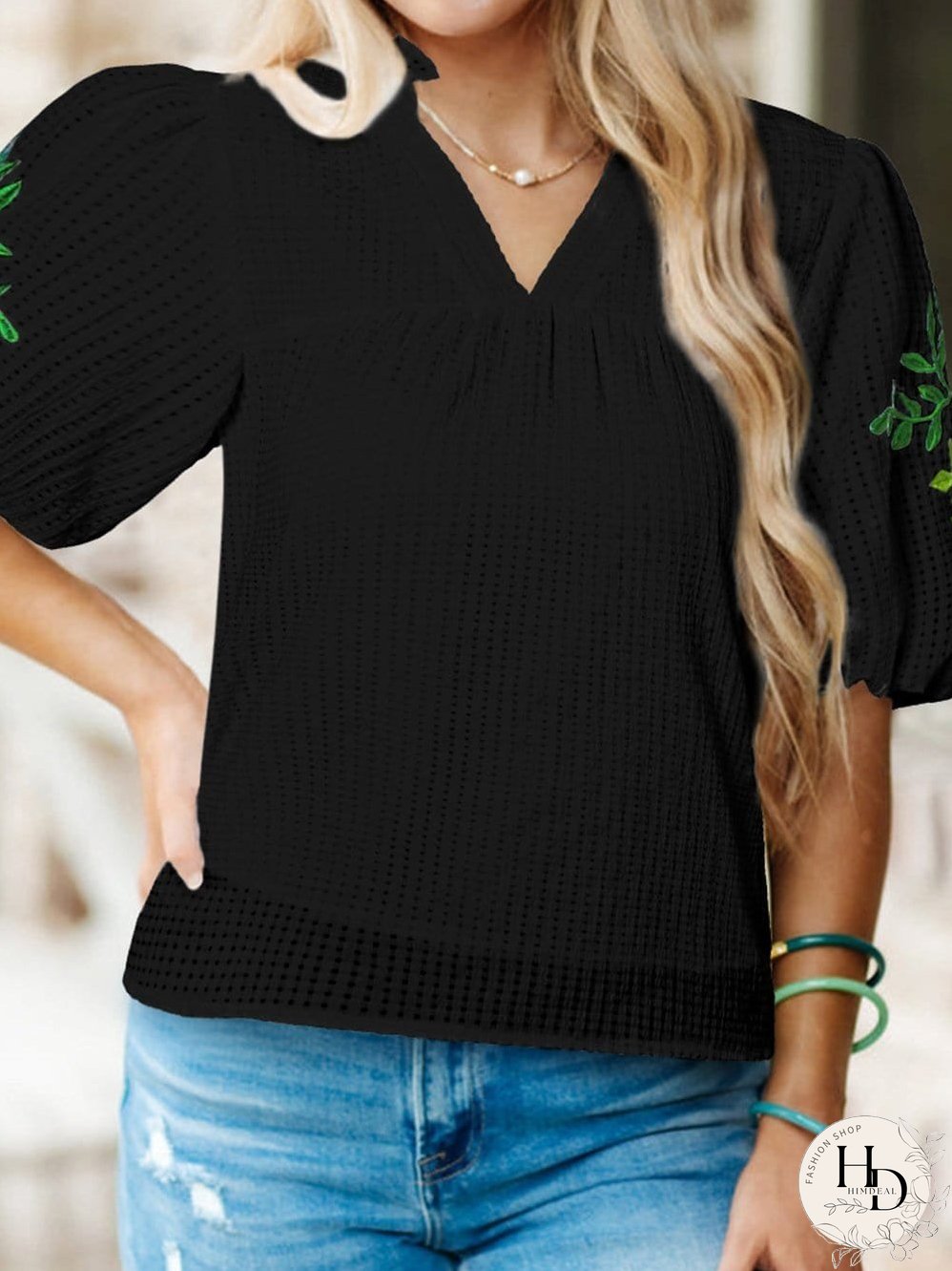Elegant Black Floral Embroidered V-Neck Puff Sleeve Blouse