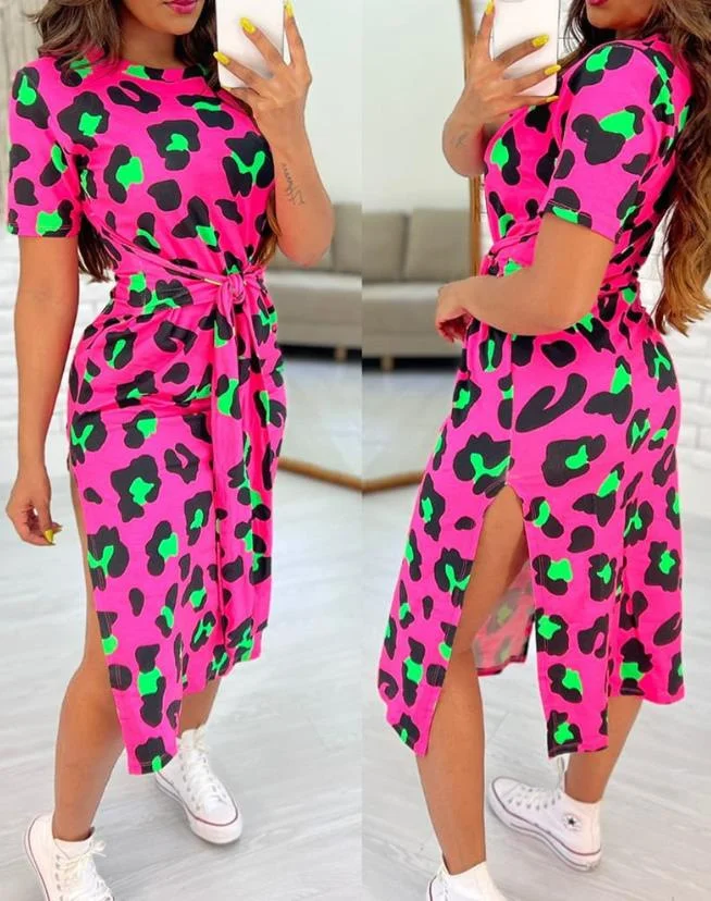 Wongn Wongn Round Neck Short Sleeve Slit A-Line Dress Tie Print Women's Dress