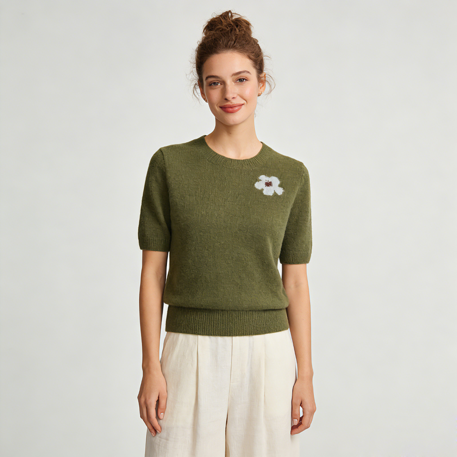 Women's Silk Cashmere Sweater Short Sleeve with Floral | Spring Summer REAL SILK LIFE