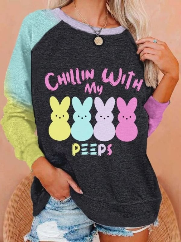 Women's Cute Easter Bunny Chillin With My Peeps Print Sweatshirt